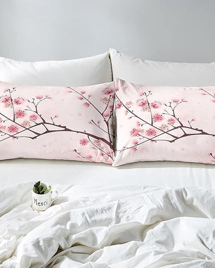 Erosebridal Cherry Blossoms Comforter Set Full, Girl Pink Floral Down Comforter, Japanese Spring Bedding Set, Pale Pink Blossom Petal Quilted Duvet, Branch Floral Duvet Set for Women,Girly Romantic - LeafyLoom