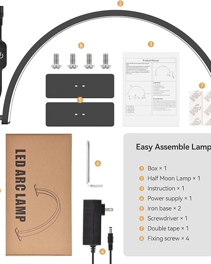 22inch Half Moon Light Nail Lamp for Desk, LED Nail Tech Lamp Lash Light for Professionals, Dimmable Lamp with Touch Controller, Color Temperature 3000K-6000K (Black) - LeafyLoom