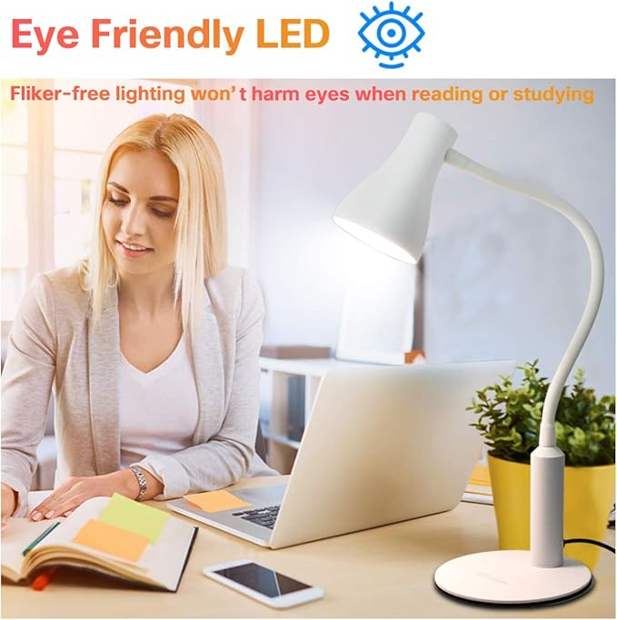 LED Desk Lamp, 3 Lighting Modes and 6 Brightness Levels, 10W Flexible Gooseneck Table Lamp for Living Room and Study, Remote Control with Timing Function, AC Adapter Included (White) - LeafyLoom