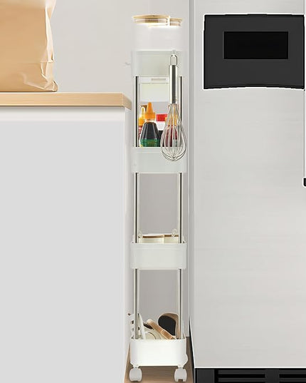 VECELO Storage Rolling Cart, 4 Tier Utility Cart Kitchen Slim Mobile Storage Unit Organizers with Wheels Hooks&Hanging Cups for Bedroom Bathroom Office Table Side in Narrow Places, White - LeafyLoom