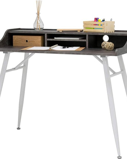 Calico Designs Woodford 45” Wide Modern, Secretary, Writing, Desk with Low Storage Hutch and Whtie Metal Tapered Legs in Marbled Dark Grey, White - LeafyLoom