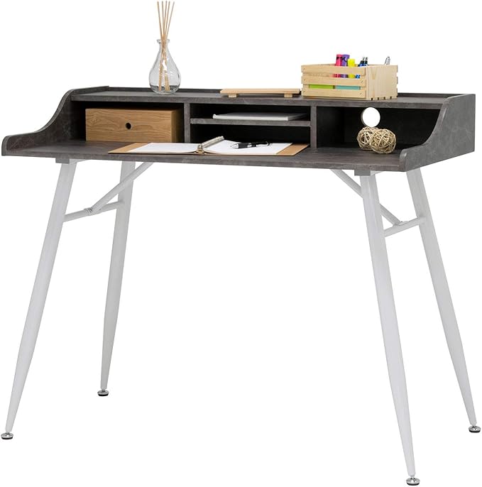 Calico Designs Woodford 45” Wide Modern, Secretary, Writing, Desk with Low Storage Hutch and Whtie Metal Tapered Legs in Marbled Dark Grey, White - LeafyLoom