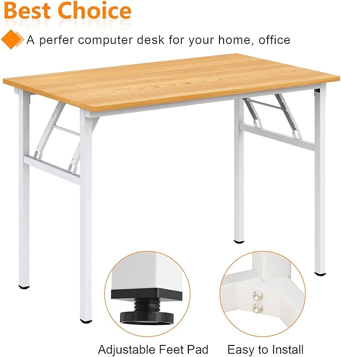 Need Folding Desk for Home Office 39-3/8 inch Length Modern Folding Table Computer Desk No Install Needed Teak Color Desktop White Frame AC5BW(100 * 60) - LeafyLoom