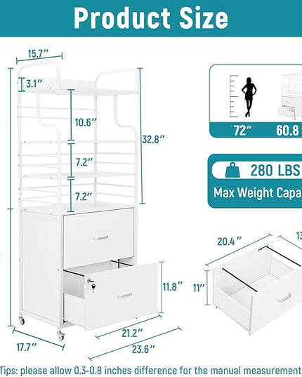 Vertical File Cabinet, 2 Drawer Mobile Filing Cabinet with 3 Bookshelf, Printer Stand with Open Storage Shelves Fits A4/Letter/Legal Size File Cabinets for Home Office Organizer, White - LeafyLoom