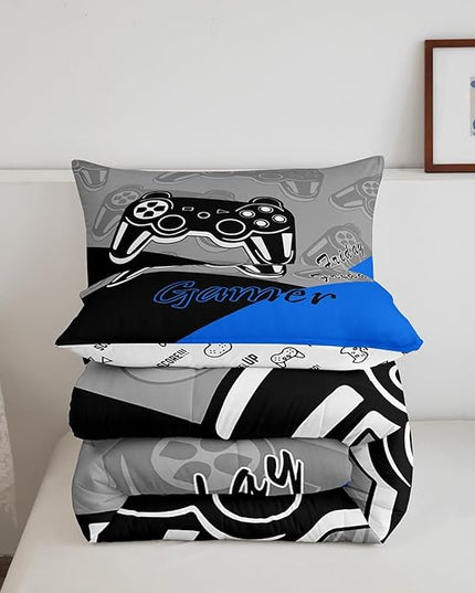 Feelyou Gaming Comforter for Boys Teen Video Game Bedding Set for Kids Gamer Comforter for All Season Gamepad Home Decor for Comforter Set Queen Size,1 Comforter with 2 Pillowcases Blue Black Grey - LeafyLoom