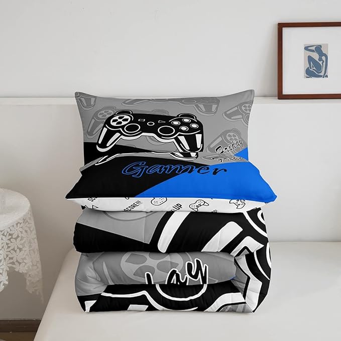 Feelyou Gaming Comforter for Boys Teen Video Game Bedding Set for Kids Gamer Comforter for All Season Gamepad Home Decor for Comforter Set Queen Size,1 Comforter with 2 Pillowcases Blue Black Grey - LeafyLoom