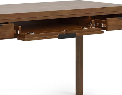 SIMPLIHOME Hollander SOLID WOOD 60 inch Wide Home Office Desk, Writing Table, Workstation, Study Table Furniture in Medium Saddle Brown with 2 Drawers - LeafyLoom