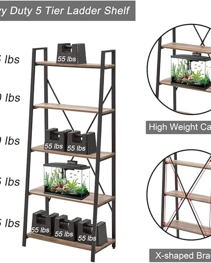 BON AUGURE Industrial 5 Tier Ladder Bookshelf, Wood and Metal Ladder Shelf Bookcase, Farmhouse Leaning Shelves for Living Room (Vintage Oak) - LeafyLoom
