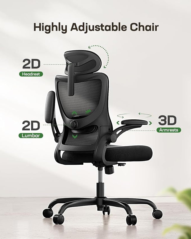 Marsail Ergonomic Office Chair with Headrest Mesh Office Computer Desk Chair with Adjustable Lumbar Support Rolling Work Swivel Task Chairs with Wheel 3D Armrests - LeafyLoom