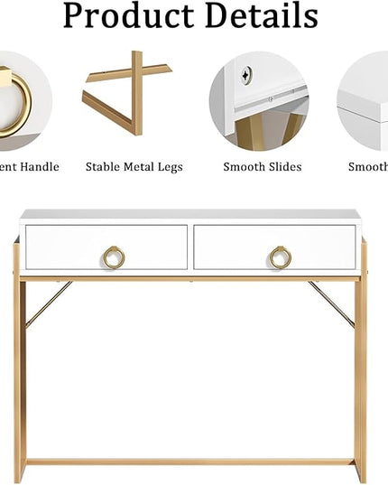 Anmytek Home Office Writing Desk 2 Drawers Storage, Contemporary Makeup Vanity Table Study Desk, W/Matte White and Gold Finish Frame D0003 - LeafyLoom
