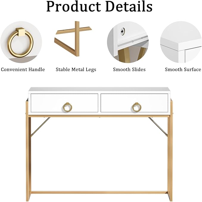 Anmytek Home Office Writing Desk 2 Drawers Storage, Contemporary Makeup Vanity Table Study Desk, W/Matte White and Gold Finish Frame D0003 - LeafyLoom
