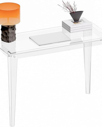 HMYHUM Acrylic Computer Desk, 43.3 Inch, Clear Study Desk for Home Office, Writing, Vanity, Modern, Easy Assembly, 19.7" W x 29.5" H, Right-Angle Legs Design - LeafyLoom