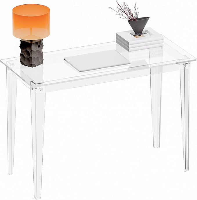 HMYHUM Acrylic Computer Desk, 43.3 Inch, Clear Study Desk for Home Office, Writing, Vanity, Modern, Easy Assembly, 19.7" W x 29.5" H, Right-Angle Legs Design - LeafyLoom