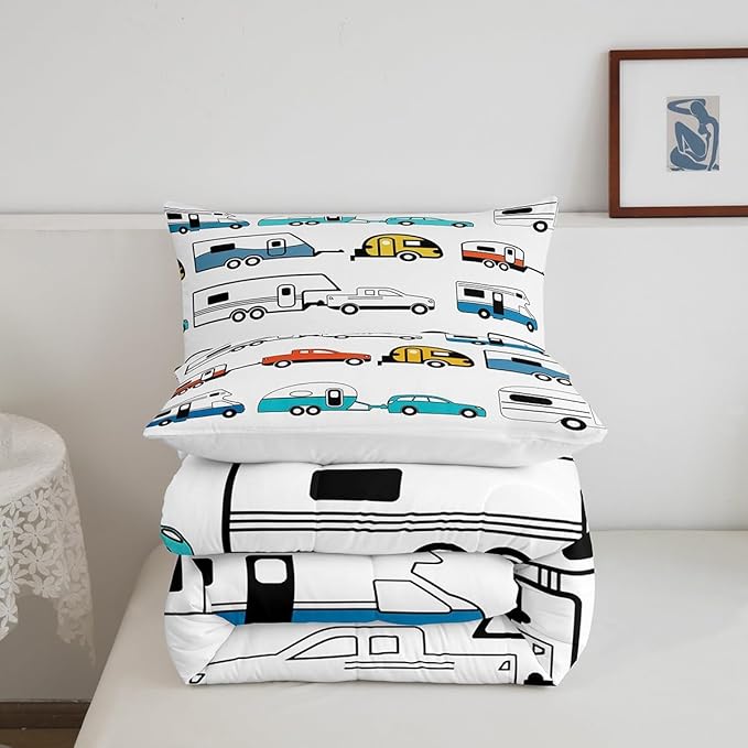 Camping Decor Comforter Set Full Size Kids Camper Trailer Bedding Set Cartoon Camper Decor Duvet Insert Colorful Rustic Farmhouse Sketch Drawing Quilt Set Camper Campsite Comforter Bedroom Decor - LeafyLoom