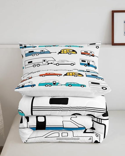 Camper Decor Bedding, Happy Camping Comforter Set Queen, Camping Down Comforter, Rustic Farmhouse Style Quilt Set For Kids Boys Girls, Colorful Camping Car Duvet Set, Soft Warm With 2 Pillow Cases - LeafyLoom