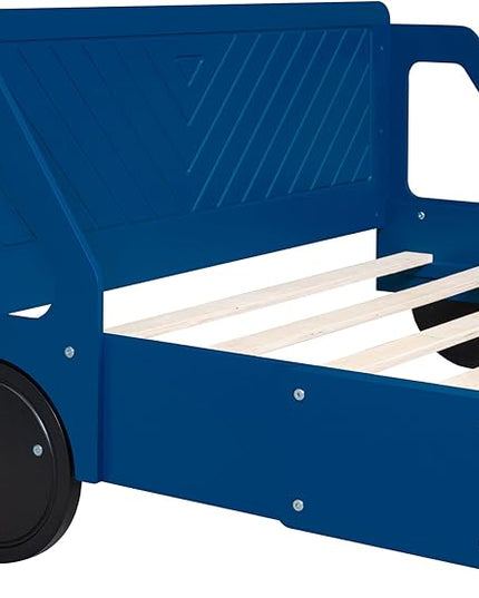 Full Size Car-Shaped Bed Frame for Kids,Wooden Platform Bed with Wheels and Side Rails for for Boys Girls,Wood Slat Supports,No Box Spring Needed,Blue - LeafyLoom
