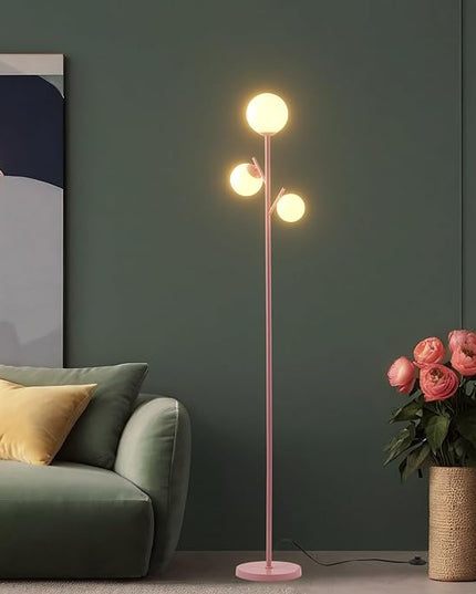 3 Globe Mid Modern Floor Lamp with Orb Frosted Glass Globe and 3000K Warm Light LED Bulbs, Cute Standing Tree Lamp for Living Room, Bedroom, Home & Office - Pink - LeafyLoom