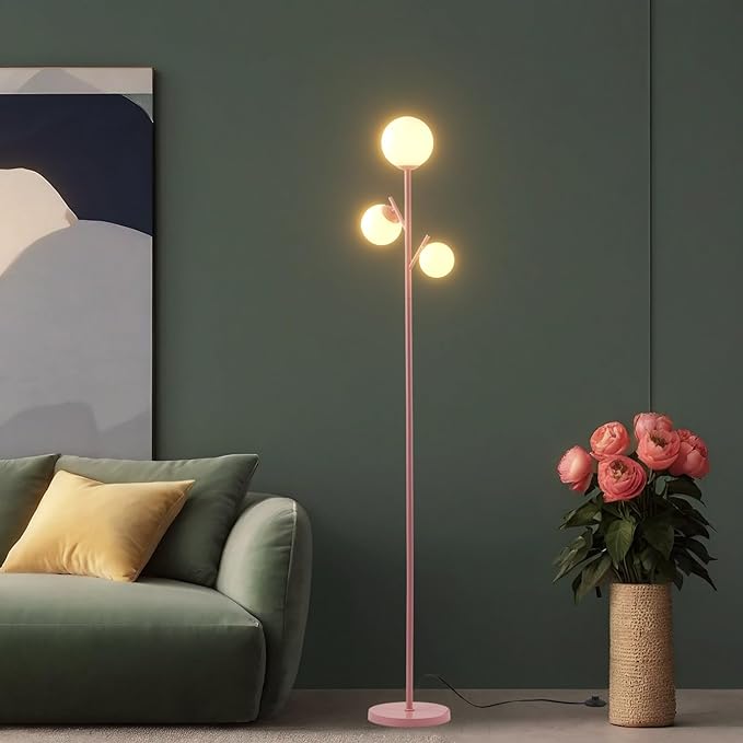 3 Globe Mid Modern Floor Lamp with Orb Frosted Glass Globe and 3000K Warm Light LED Bulbs, Cute Standing Tree Lamp for Living Room, Bedroom, Home & Office - Pink - LeafyLoom