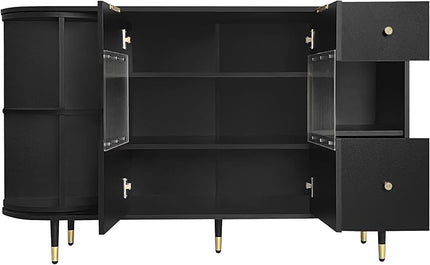 51.1" Rotating Storage Cabinet Sideboard with 2 Doors of Tempered Changhong Glass and 2 Drawers,Wooden Console Table,w/Built-in Shelves & Turntable,for Living Room,Black - LeafyLoom