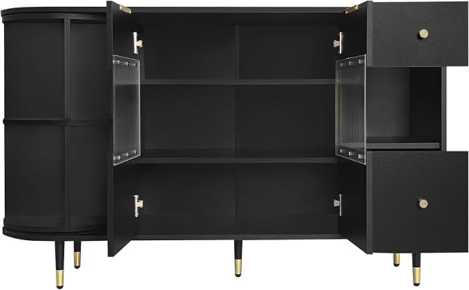 51.1" Rotating Storage Cabinet Sideboard with 2 Doors of Tempered Changhong Glass and 2 Drawers,Wooden Console Table,w/Built-in Shelves & Turntable,for Living Room,Black - LeafyLoom