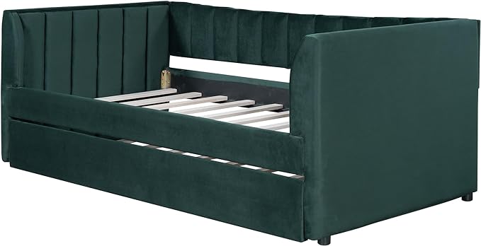 Twin Size Upholstered Velvet Daybed with Trundle,Wood Bed Frame w/ 2 Armrests,Slat Support,No Box Spring Needed,for Small Living Spaces and Accommodating Guests,Green - LeafyLoom
