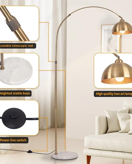 Modern 72in Arc floor lamps,Task Light, metal dome lampshade, marble base, adjustable high standing lighting, suitable for reading corner lamp in living room, study, office, hotel, and bedroom (Gold) - LeafyLoom