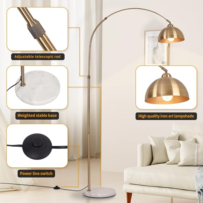 Modern 72in Arc floor lamps,Task Light, metal dome lampshade, marble base, adjustable high standing lighting, suitable for reading corner lamp in living room, study, office, hotel, and bedroom (Gold) - LeafyLoom