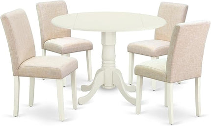 East West Furniture DLAB5-LWH-02 5 Piece Dining Room Table Set Includes a Round Kitchen Table with Dropleaf and 4 Light Beige Linen Fabric Parson Dining Chairs, 42x42 Inch, Linen White - LeafyLoom
