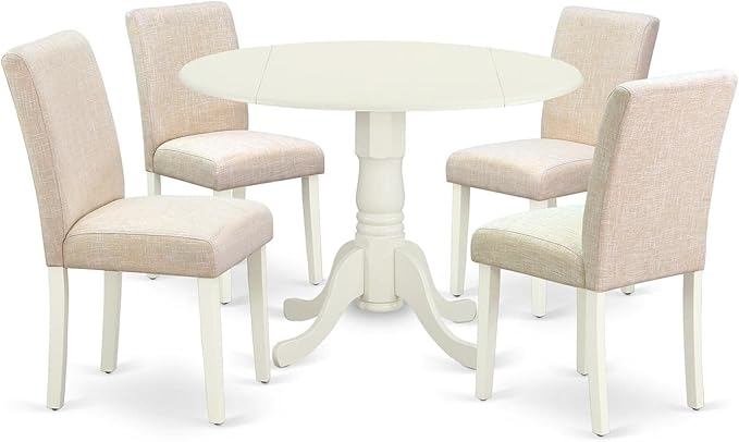 East West Furniture DLAB5-LWH-02 5 Piece Dining Room Table Set Includes a Round Kitchen Table with Dropleaf and 4 Light Beige Linen Fabric Parson Dining Chairs, 42x42 Inch, Linen White - LeafyLoom