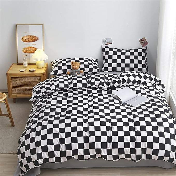 Wellboo Black White Plaid Comforter Sets King Women Men Black and White Checkerboard Grid Bedding Comforters Cotton Boys Girls Modern Black Checkered Geometric Quilts Luxury Abstract White Bedding - LeafyLoom