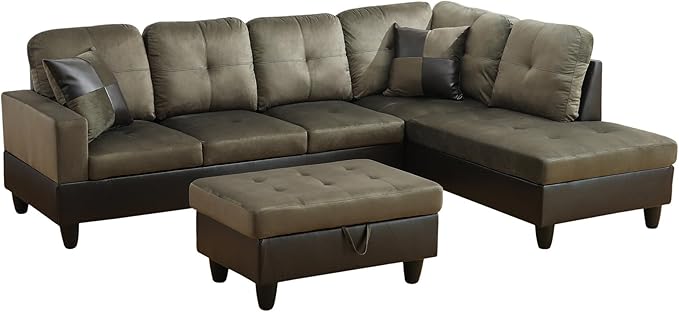 ROOMTEC 3 Piece L Shaped Sectional Sofa Set with Storage Ottoman, Right Facing Chaise Longue, Reversible Backrest w/ 2 Cup Holders, Flannel Tufted Cushions, for Living Room, Taupe - LeafyLoom