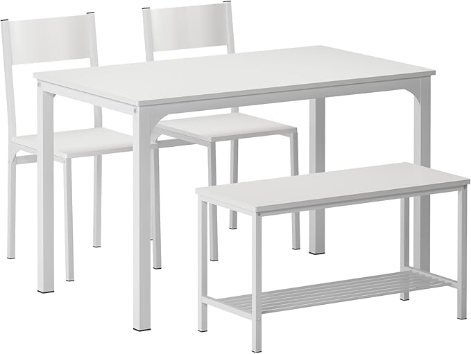 SogesHome 43.3'' Kitchen Dining Table Set for 4, 4 Piece Kitchen Table Bench Chairs Setfor 4, Space-Saving Table Set for Restaurant, Coffee Shop,White - LeafyLoom