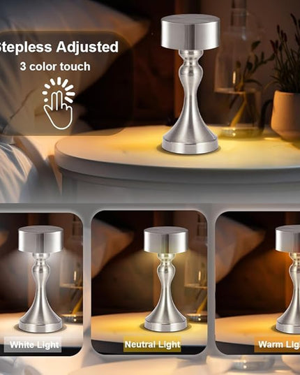 Portable Metal Desk Lamp, Cordless Metal LED Table Lamp,3 Color Touch Control Rechargeable Lamp,3-Levels Brightness Room Decor Desk Lamp,Bedside Lamp,Dining Room Lamp (Silver) - LeafyLoom