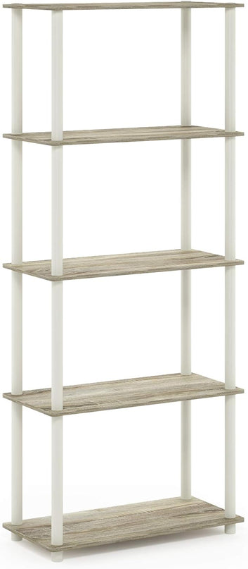 Furinno Turn-N-Tube 5-Tier Multipurpose Shelf / Display Rack / Storage Shelf / Bookshelf, Round Tubes, Sonoma Oak/White - LeafyLoom