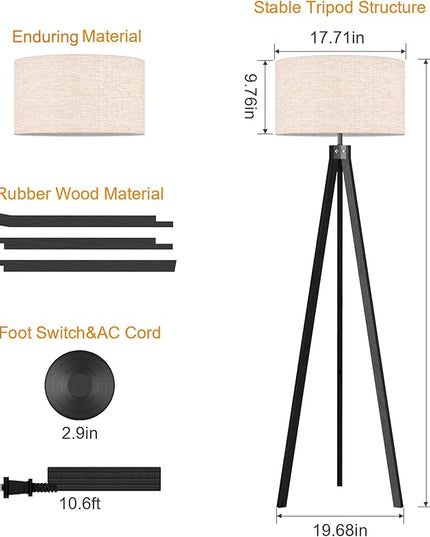LEPOWER Wood Floor Lamp Tripod, Modern Design Mid Century Standing Lamps for Living Room,Bedroom and Office, Flaxen Lamp Shade with E26 Lamp Base Black - LeafyLoom