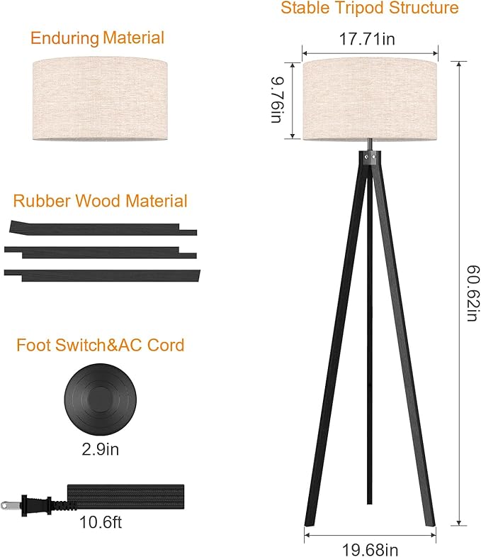 LEPOWER Wood Floor Lamp Tripod, Modern Design Mid Century Standing Lamps for Living Room,Bedroom and Office, Flaxen Lamp Shade with E26 Lamp Base Black - LeafyLoom
