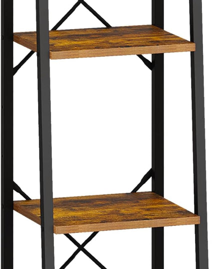 Ladder Shelf, Bookshelf Bookcase, Freestanding Corner Storage Shelve with 2 Hooks for Home Office, Living Room, Kitchen, Bedroom, Industrial, 4-Tier Rustic Brown BC13201B - LeafyLoom