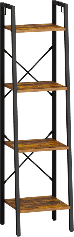 Ladder Shelf, Bookshelf Bookcase, Freestanding Corner Storage Shelve with 2 Hooks for Home Office, Living Room, Kitchen, Bedroom, Industrial, 4-Tier Rustic Brown BC13201B - LeafyLoom
