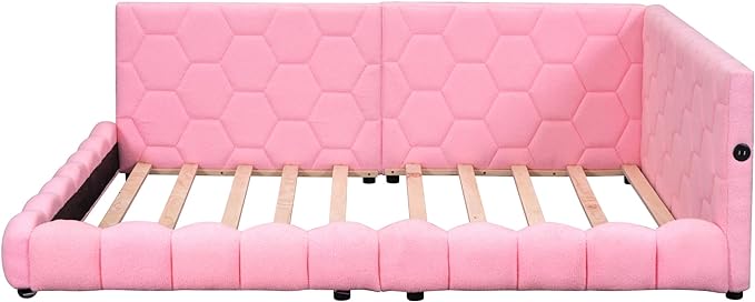 Full Size Upholstered Daybed Sofa Bed with L-shaped Headboard, USB Ports and LED Belt, Pink - LeafyLoom