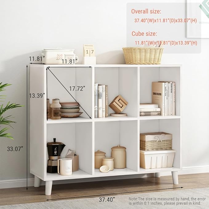 IOTXY Open Cube Low Bookcase - 2-Tier Freestanding Storage Display Cabinet Organizer with Legs for Home Office, 6-Cubes Open Shelf Short Bookshelf, White - LeafyLoom