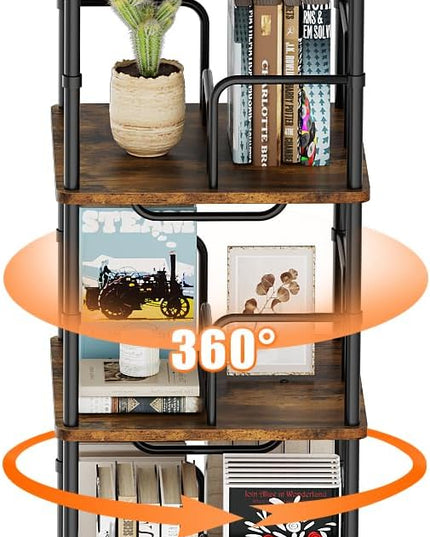 5 Tier Square Rotating Bookshelf, 360 ° Display Stackable Spinning Bookshelf Tower, Space Saving Tall Floor Standing Swivel Bookcase Corner Storage Organizer for Bedroom, Living Room, Rustic Brown - LeafyLoom