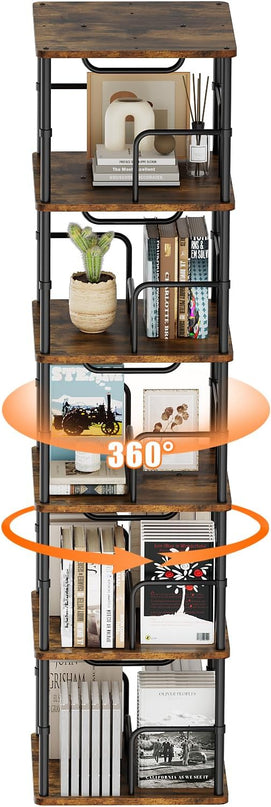5 Tier Square Rotating Bookshelf, 360 ° Display Stackable Spinning Bookshelf Tower, Space Saving Tall Floor Standing Swivel Bookcase Corner Storage Organizer for Bedroom, Living Room, Rustic Brown - LeafyLoom