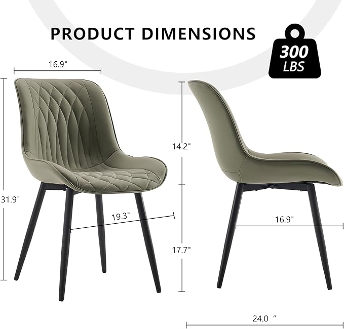 YOUNIKE Olive Green Dining Chairs set of 2 with High Backs Mid Century Modern Kitchen & Dining Room Chairs PU Faux Leather Upholstered sillas de comedor Comfortable Padded Accent Chairs with Metal Leg - LeafyLoom