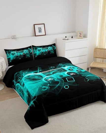 Feelyou Kids Gamer Comforter Set Queen Size Teens Gamepad Bedroom Decor for Boys Girls Video Game Controller Bedding Set Youth Gaming Console Comforter Blue Black Geometry with 2 Pillow Case - LeafyLoom