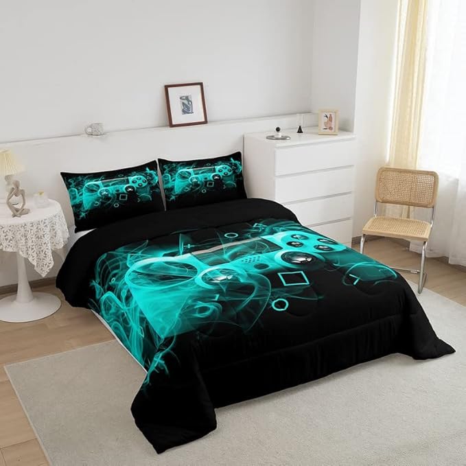 Feelyou Kids Gamer Comforter Set Queen Size Teens Gamepad Bedroom Decor for Boys Girls Video Game Controller Bedding Set Youth Gaming Console Comforter Blue Black Geometry with 2 Pillow Case - LeafyLoom