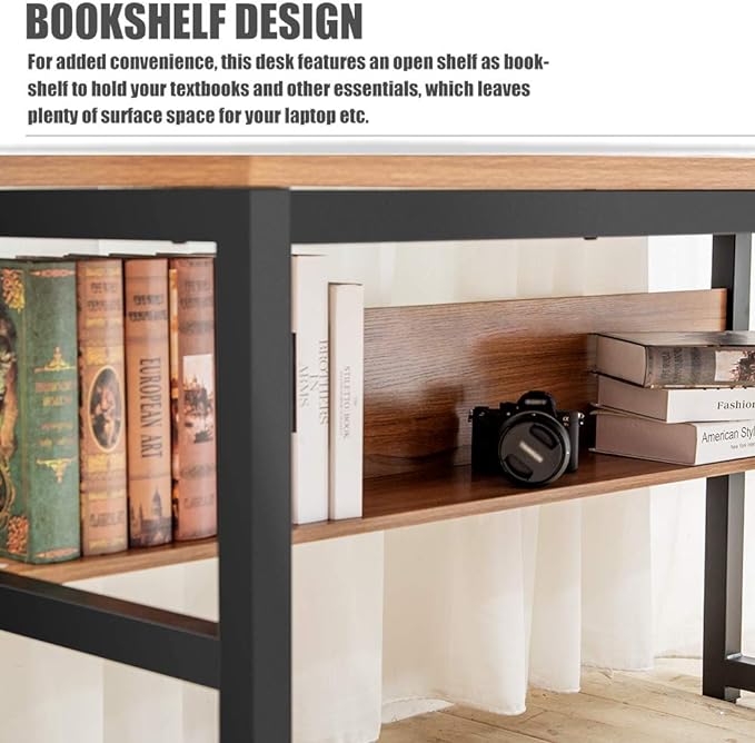 TOPSKY Computer Desk with Bookshelf/Metal Hole Cable Cover 1.18" Thick Desk (55", Oak Brown) - LeafyLoom