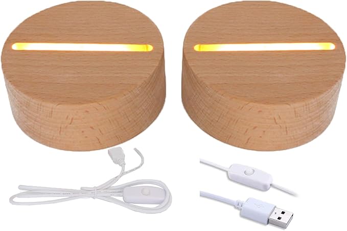 2Pcs 4" Round Wood LED Display Base, Warm Color Wooden Lighted Base Stand for Crystal Glass Resin Art, Acrylic and Plexiglass - LeafyLoom