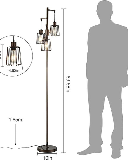 Dimmable Floor Lamp, Tall Floor Lamps for Living Room Bright Lighting, Standing Tree Floor Lamp with 3 Elegant Teardrop Cage Head, Farmhouse Industrial Floor Lamp for Bedroom Office(Brown) - LeafyLoom
