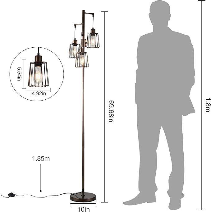 Dimmable Floor Lamp, Tall Floor Lamps for Living Room Bright Lighting, Standing Tree Floor Lamp with 3 Elegant Teardrop Cage Head, Farmhouse Industrial Floor Lamp for Bedroom Office(Brown) - LeafyLoom
