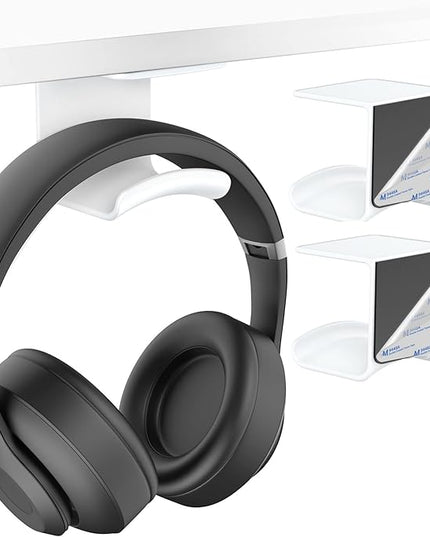 HomeMount Headphone Hook Under Desk - Headphone Holder Under Table, Adhesive Gaming Headphone Stand Hanger Desk Mount for Most Headphone(White-2P) - LeafyLoom